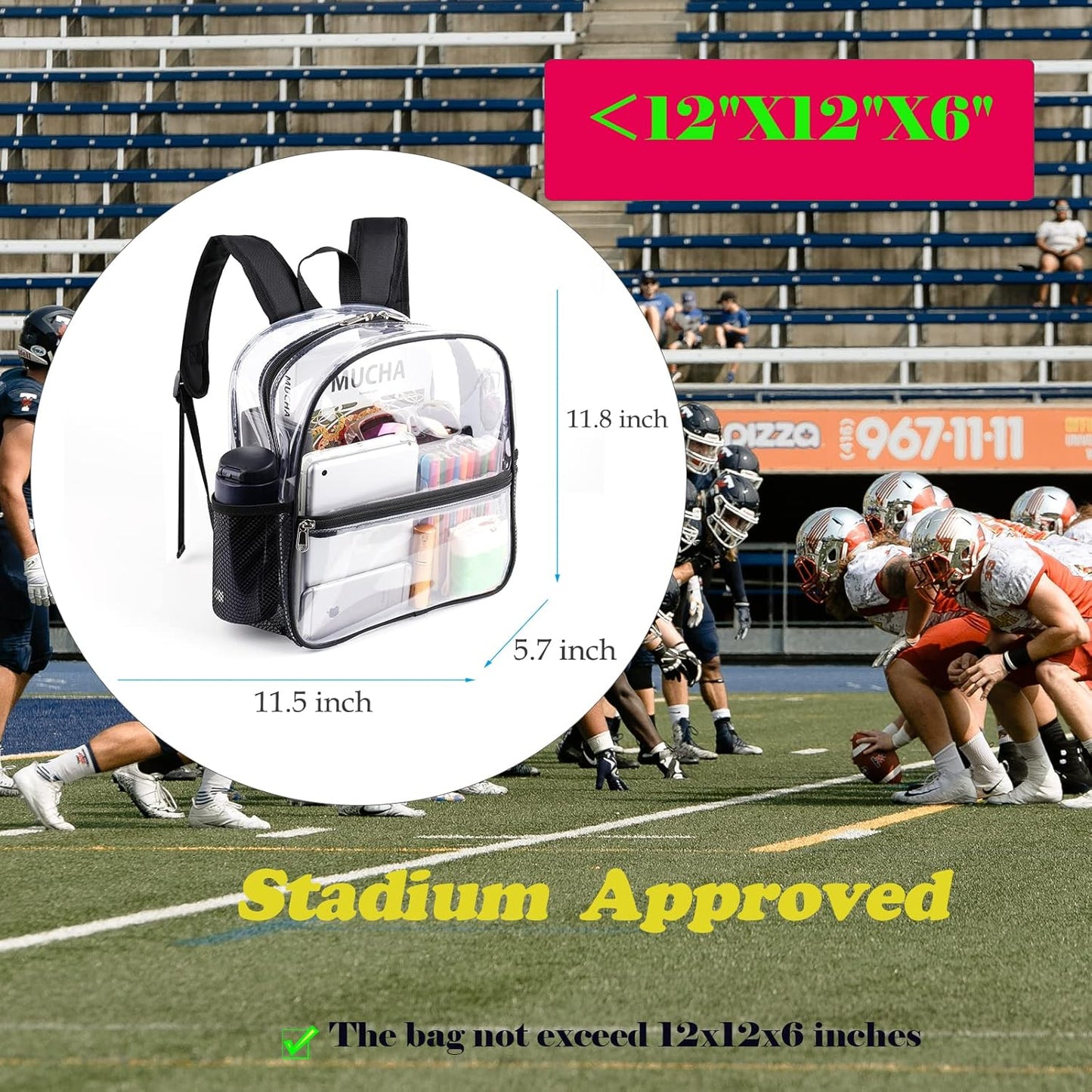 Mini Transparenter Rucksack 12x12x6 Stadion Zugelassener Plastik-Rucksack