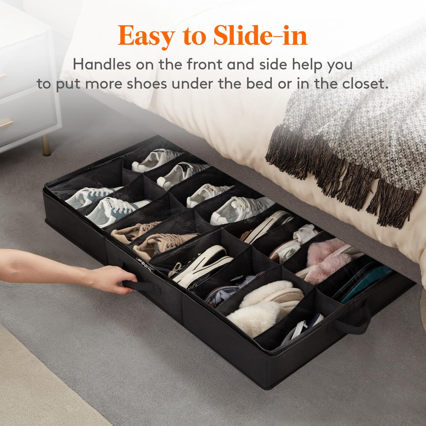 Lifewit Under Bed Shoe Storage Organizer 2 Pack(12 Shoes Cells), 4.3 Inches Profile Fabric Shoes Container Box with Clear Cover, Foldable Storage Bag with 2 Handles, Fits 12 to 24 Pairs