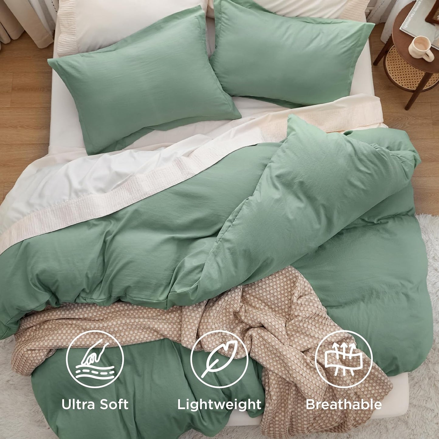 Funda nórdica blanca Bedsure, tamaño Queen, 3 piezas, aspecto de algodón prelavado, juego de cama extrasuave, incluye 1 funda nórdica de 228 x 228 cm con cierre de cremallera y 2 fundas de almohada, edredón no incluido