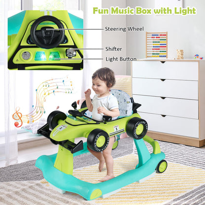 HONEY JOY 4-in-1 Baby Walker, Activity Push Walker w/3 Adjustable Heights, Smooth Wheels w/Adjustable Speed, Padded Seat, Music & Light, Foldable Car Walker for Baby Boys Girls Age 6 Months+ (Blue)