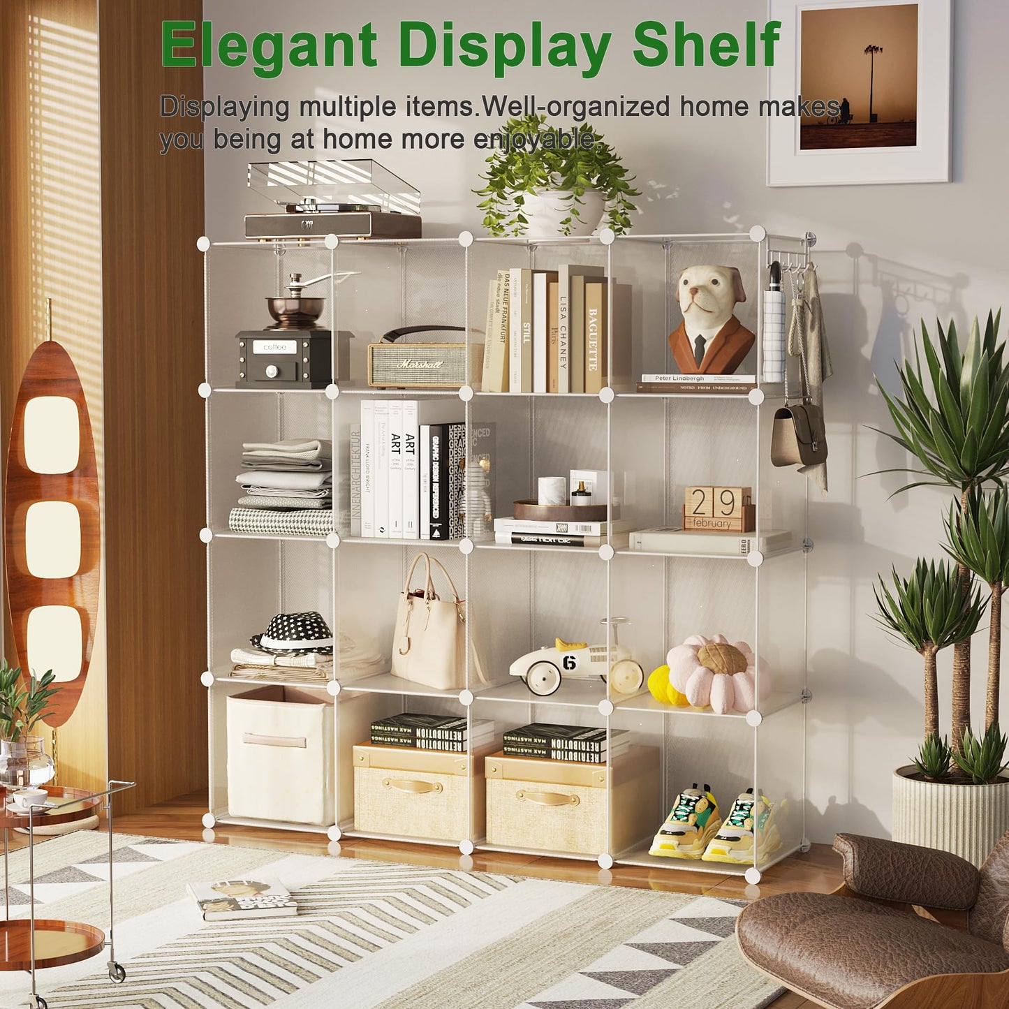 C&AHOME Cube Storage Organizer, 16-Cube Shelves Units, Plastic Storage Cubes, DIY Closet Organizer, Modular Closet Storage Shelves Ideal for Home, Bedroom, 48.4" L × 12.4" W × 48.4" H Black SUM3016H