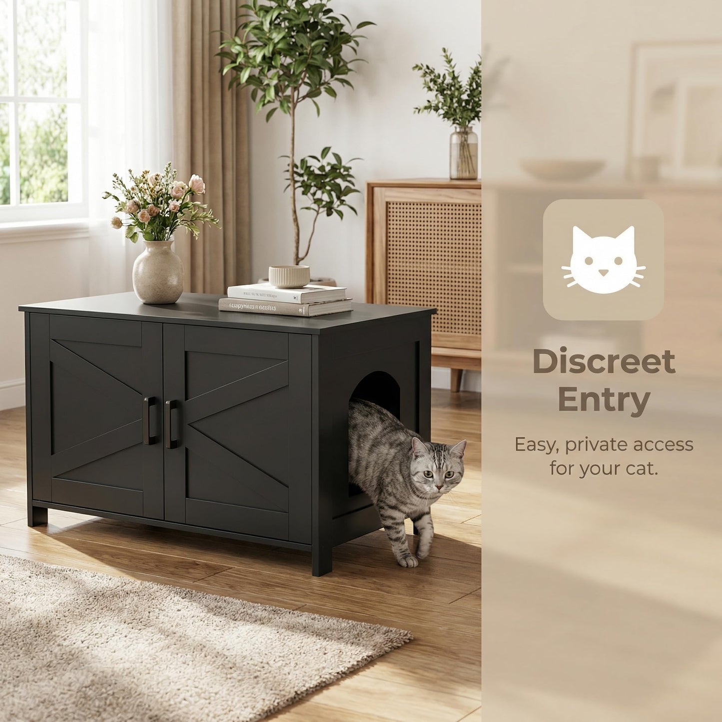 Homhedy Cat Litter Box Enclosure, Wooden Cat Washroom Furniture with Barn Door, Pet House, Fit Most of Litter Box, White