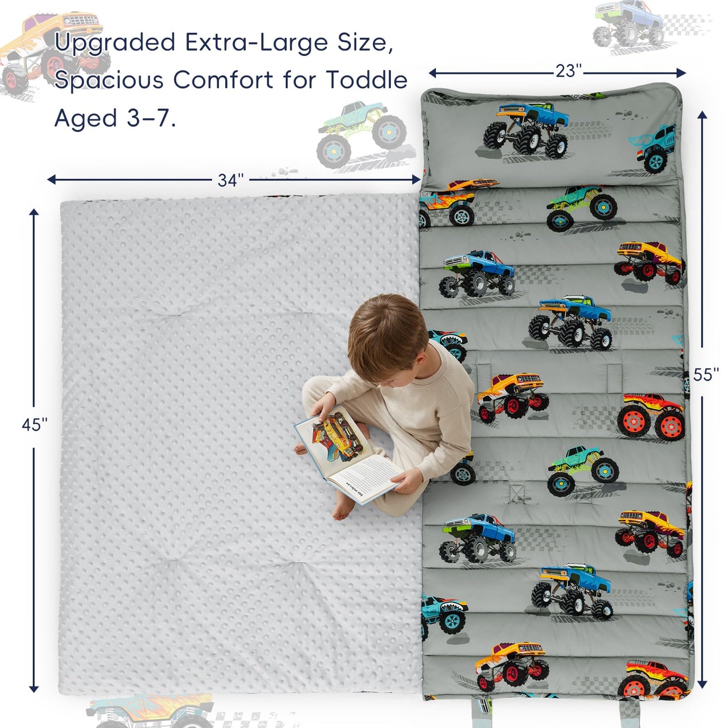 PHF Toddler Nap Mat with Removable Pillow and Minky Blanket, Rollup Design Kids Sleeping Mat, Slumber Bags for Boys, 55"x23" Toddler Sleeping Bag for Daycare Preschool Travel Camping, Space
