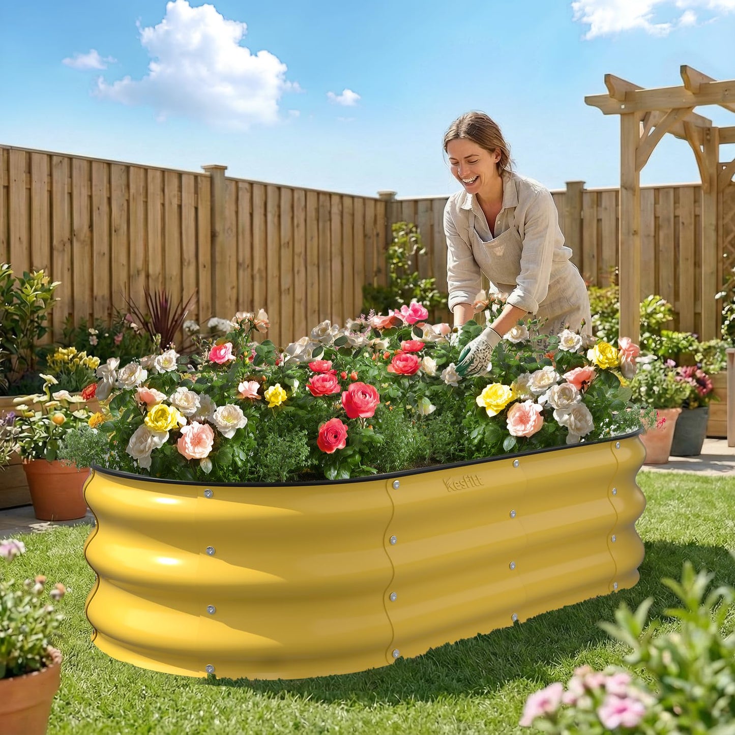 Kesfitt Raised Garden Bed, 5x2x1 FT Galvanized Steel Metal Raised Garden Bed, Oval Open-Bottom Design, 12-Inch Deep for Outdoor Vegetable & Herb Gardening, Fruit Green