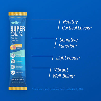 Nello Supercalm Drink Mix - Raspberry Lemonade and Tropical Tangerine Ashwagandha KSM 66, Magnesium Glycinate & L-Theanine Supplement - Focus and Relaxation Support (2 x 20 Travel Packets)