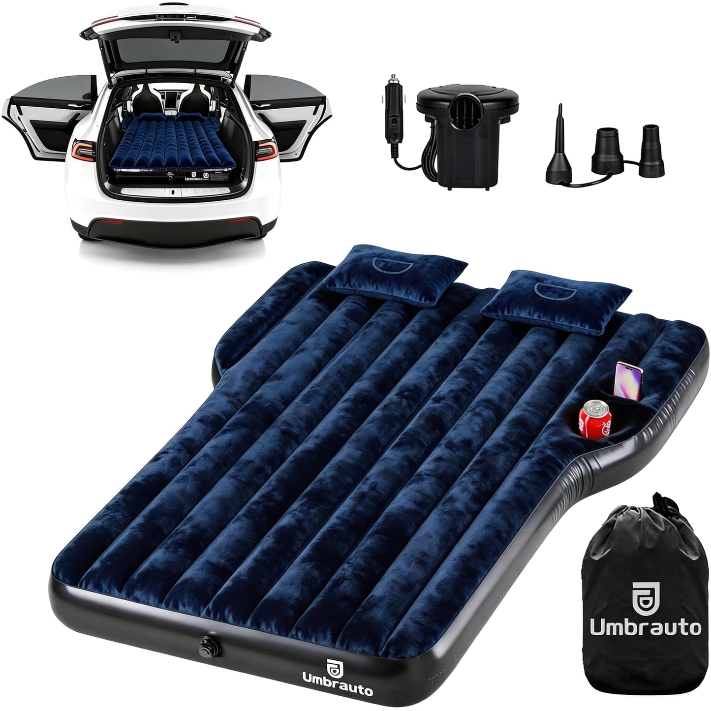Umbrauto Car Air Mattress Backseat| Inflatable Truck Back Seat Camping Airbed for SUV Rear Seat, Blow Up Sleeping Travel Bed for Van Trunk with Pump & Pillows
