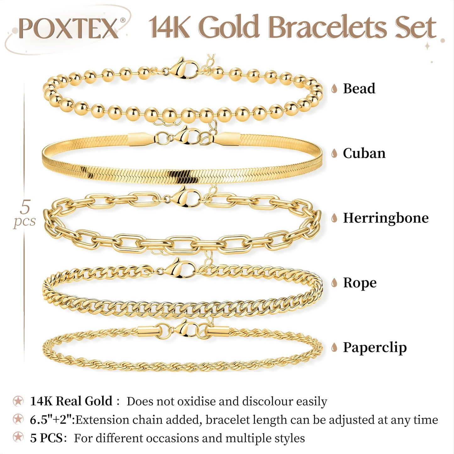 Goldarmbänder für Frauen Stapel Nicht Anlaufen, 14K Vergoldete Stapelbare Armbänder Set für Frauen Trendy, Wasserdicht Einfacher Schmuck Sets Geschenke Inklusive Perlen-/Kuban-/Büroklammer-/Fischgräten-/Seilglieder-Kette, Modeaccessoires
