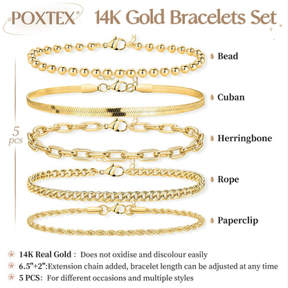 Goldarmbänder für Frauen Stapel Nicht Anlaufen, 14K Vergoldete Stapelbare Armbänder Set für Frauen Trendy, Wasserdicht Einfacher Schmuck Sets Geschenke Inklusive Perlen-/Kuban-/Büroklammer-/Fischgräten-/Seilglieder-Kette, Modeaccessoires