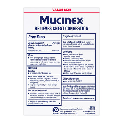 Mucinex 12 Hour 600 mg Guaifenesin Extended-Release Tablets for Excess Mucus Relief, Expectorant Aids Excess Mucus Removal, Chest Congestion Relief, 100 Bi-Layer Tablets