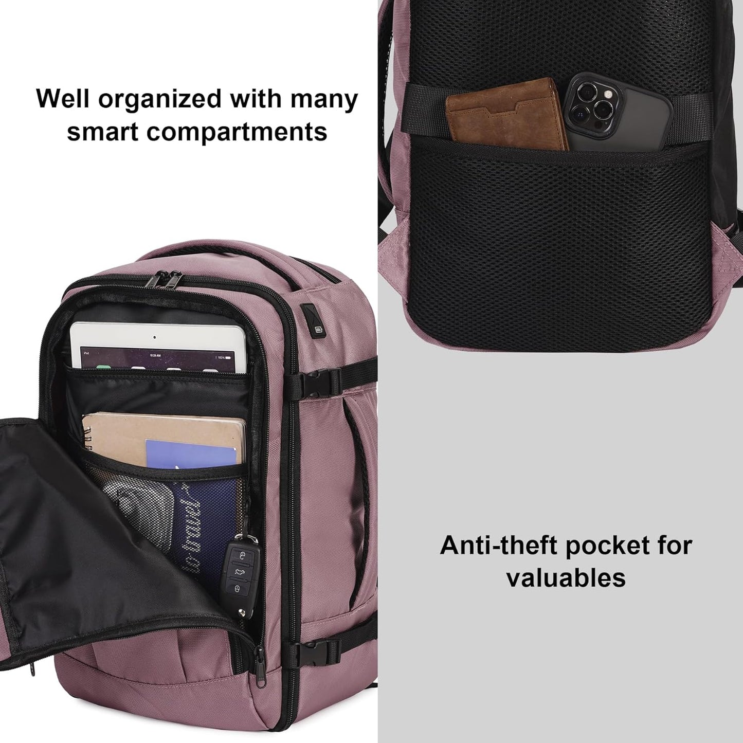 ECOHUB 16'' Reise-Rucksack Handgepäck Unterseat-Rucksack Persönlicher Gegenstand Flugzeug-Reisetasche mit 13 Taschen Handgepäck Flaschenhalter USB-Ladeanschluss Casual Daypack für Frauen Männer Schwarz