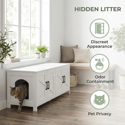 Homhedy Cat Litter Box Enclosure, Wooden Cat Washroom Furniture with Barn Door, Pet House, Fit Most of Litter Box, White