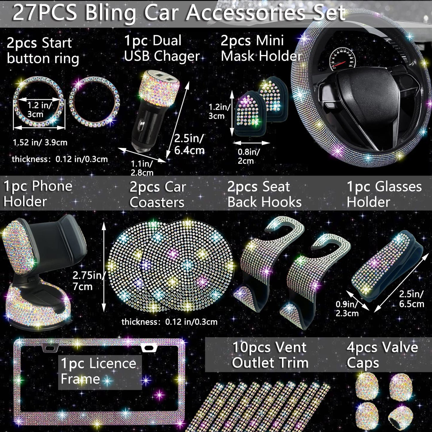 NBTEPEM 27-Piece Bling Car Accessories Set - Universal Fit Steering Wheel Covers, License Plate Frames, Phone Holder, Car Fast Charger, Coasters (Pink)