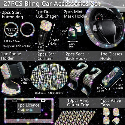 NBTEPEM 27-Piece Bling Car Accessories Set - Universal Fit Steering Wheel Covers, License Plate Frames, Phone Holder, Car Fast Charger, Coasters (Pink)