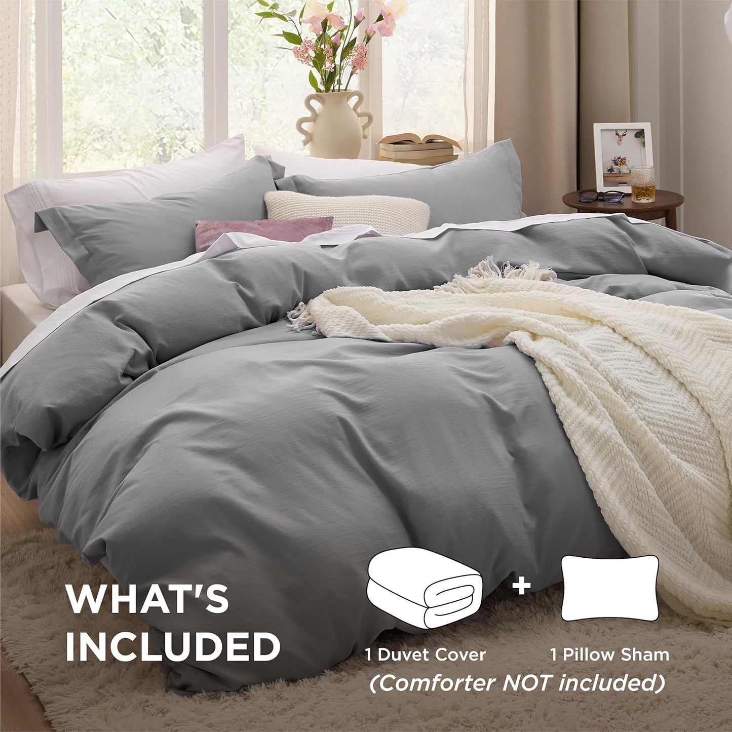 Funda nórdica blanca Bedsure, tamaño Queen, 3 piezas, aspecto de algodón prelavado, juego de cama extrasuave, incluye 1 funda nórdica de 228 x 228 cm con cierre de cremallera y 2 fundas de almohada, edredón no incluido