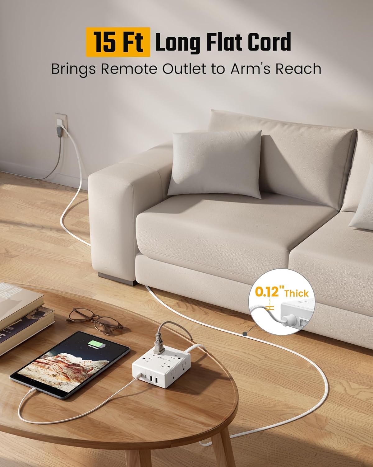 Surge Protector Power Bar, SUPERDANNY 6 Ft Extension Cord with 8 Outlets & 4USB Ports (2 USB 2 C), Mountable Flat Plug Power Strip, Surge Protection for Home, Office, Dorm