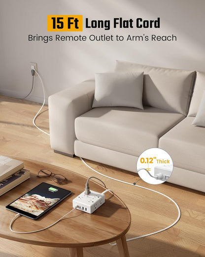 Surge Protector Power Bar, SUPERDANNY 6 Ft Extension Cord with 8 Outlets & 4USB Ports (2 USB 2 C), Mountable Flat Plug Power Strip, Surge Protection for Home, Office, Dorm