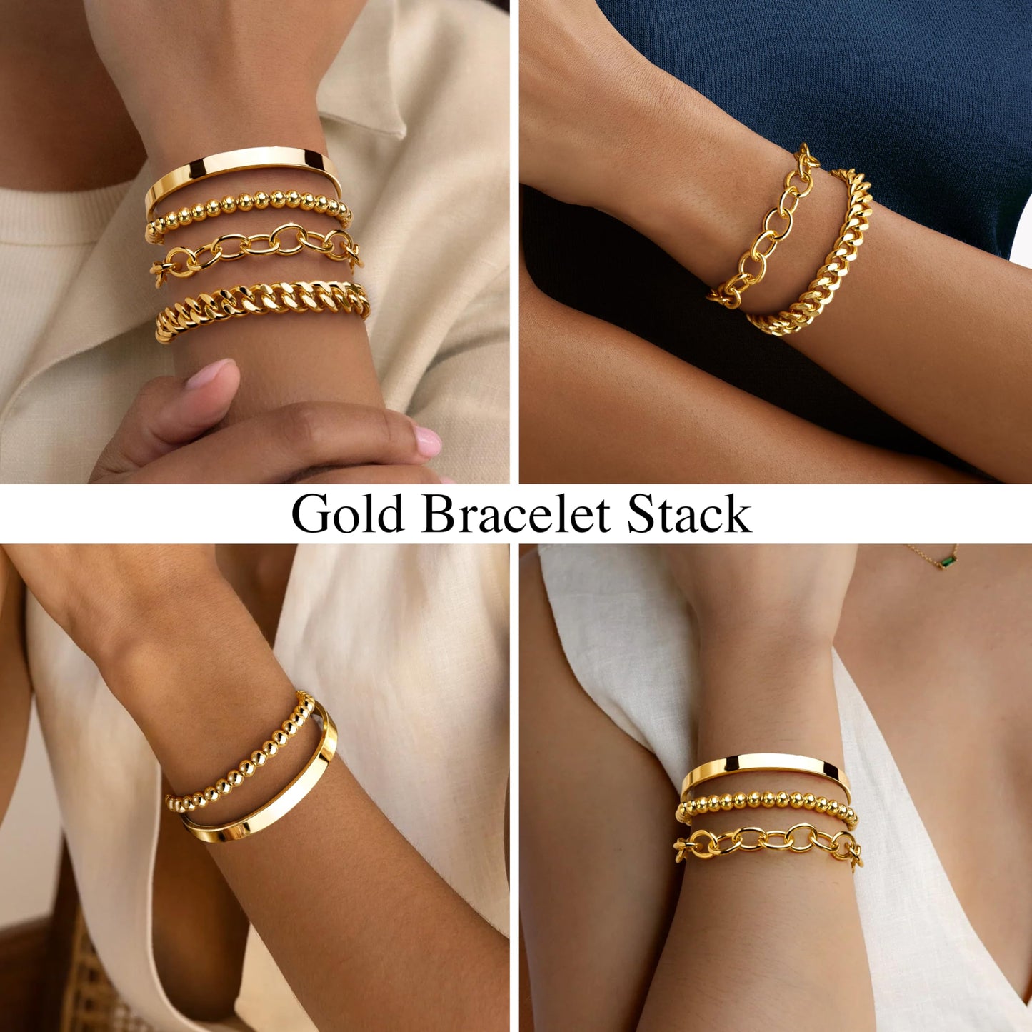 Goldarmbänder für Frauen Stapel Nicht Anlaufen, 14K Vergoldete Stapelbare Armbänder Set für Frauen Trendy, Wasserdicht Einfacher Schmuck Sets Geschenke Inklusive Perlen-/Kuban-/Büroklammer-/Fischgräten-/Seilglieder-Kette, Modeaccessoires