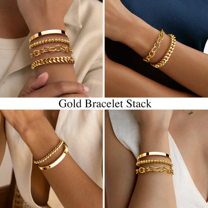 Goldarmbänder für Frauen Stapel Nicht Anlaufen, 14K Vergoldete Stapelbare Armbänder Set für Frauen Trendy, Wasserdicht Einfacher Schmuck Sets Geschenke Inklusive Perlen-/Kuban-/Büroklammer-/Fischgräten-/Seilglieder-Kette, Modeaccessoires