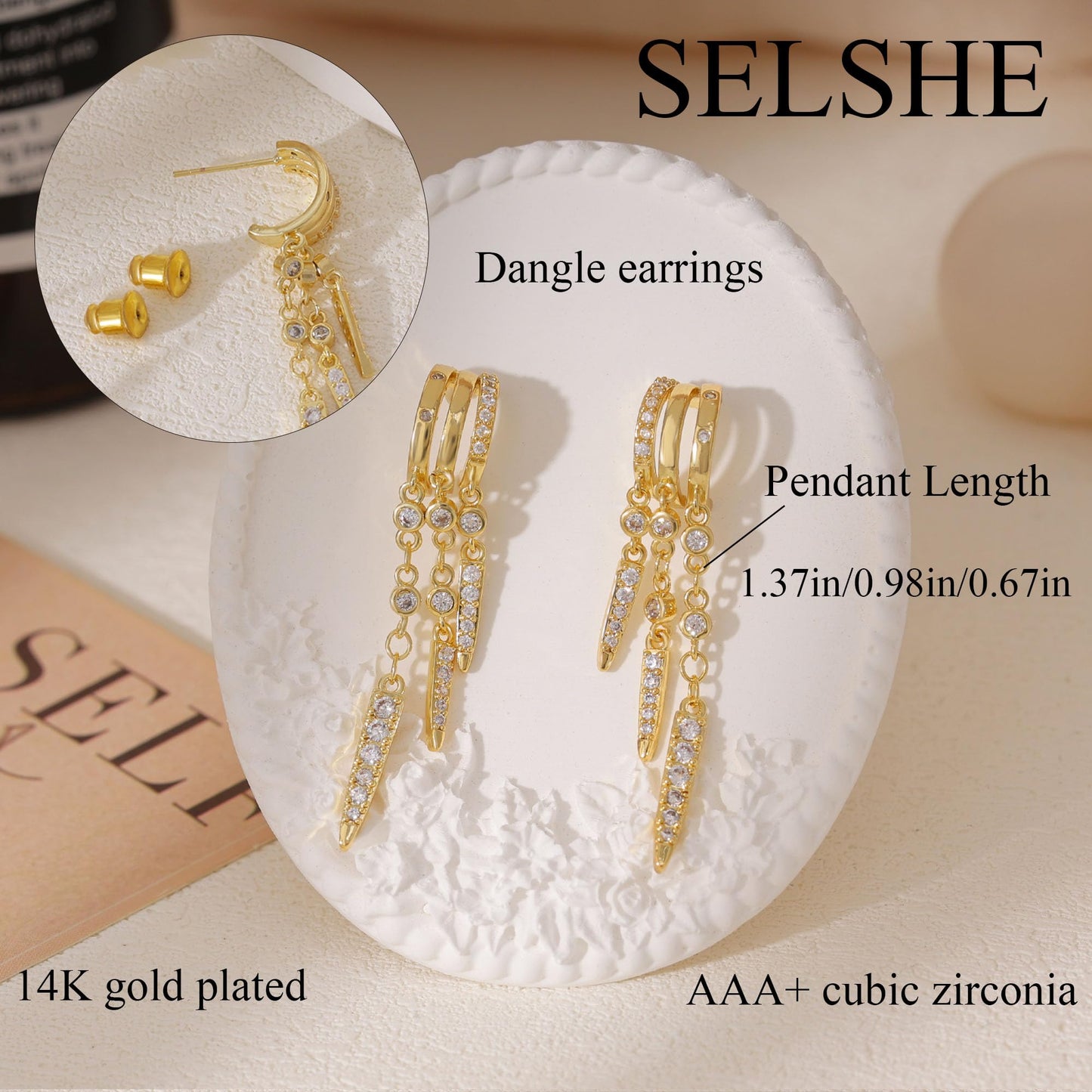 Dangle Earrings for Women,14k Gold Plated Triple Huggie Stud Earrings Cute Statement Chain Earring Dainty Drop Earrings for Women Trendy Gold Plated Jewelry