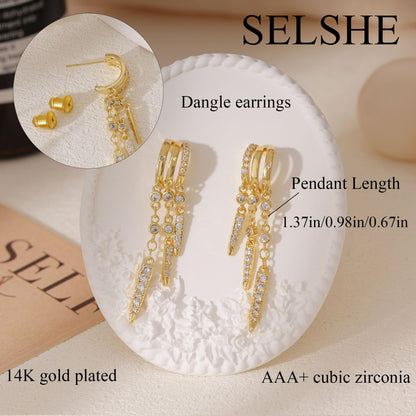 Dangle Earrings for Women,14k Gold Plated Triple Huggie Stud Earrings Cute Statement Chain Earring Dainty Drop Earrings for Women Trendy Gold Plated Jewelry