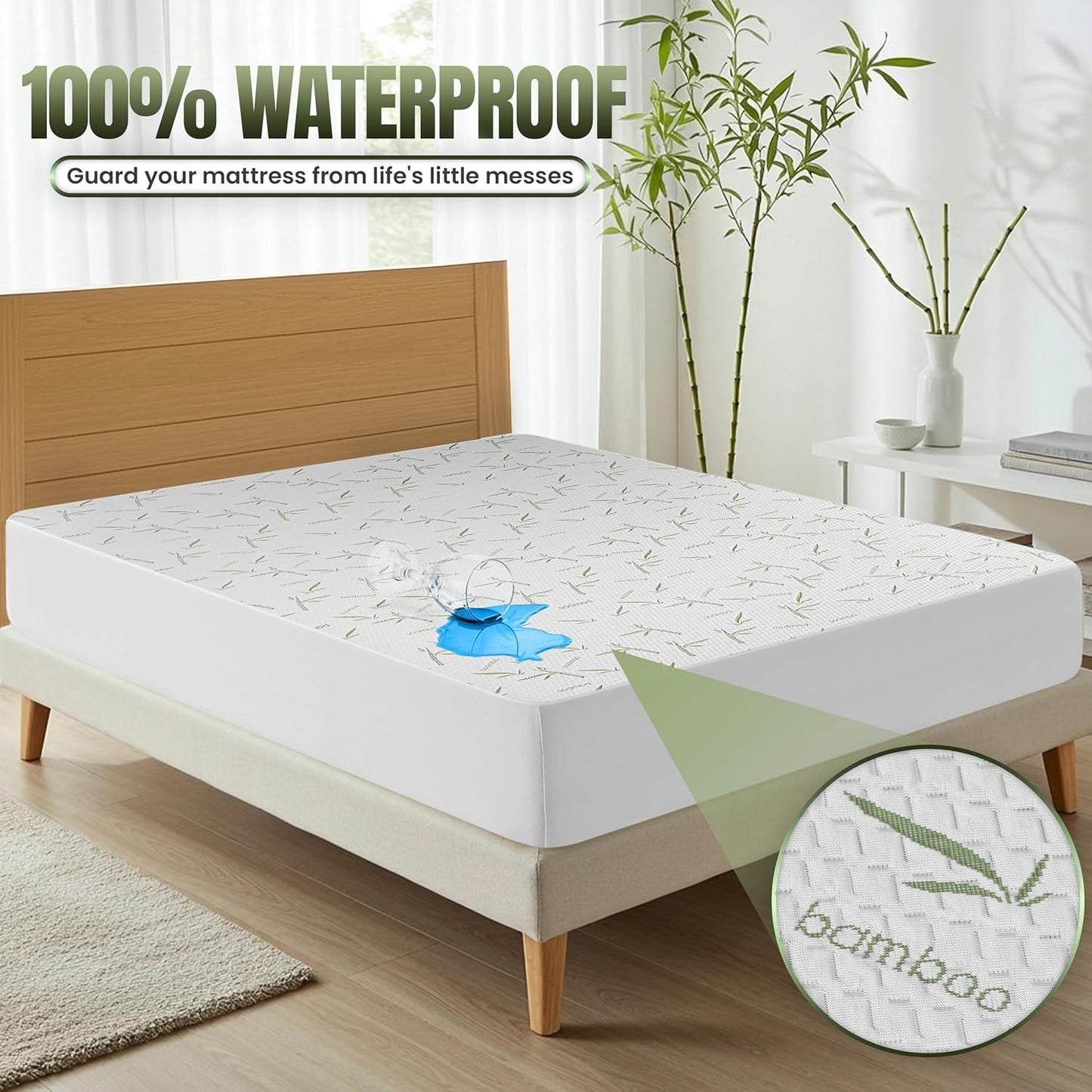 Utopia Bedding Wasserdichter Matratzenschoner Queen-Size, Bambus-Viskose Matratzenbezug 200 GSM, Für Matratzen bis 43 cm Höhe, Atmungsaktiv, Spannbetttuch-Stil mit dehnbaren Taschen