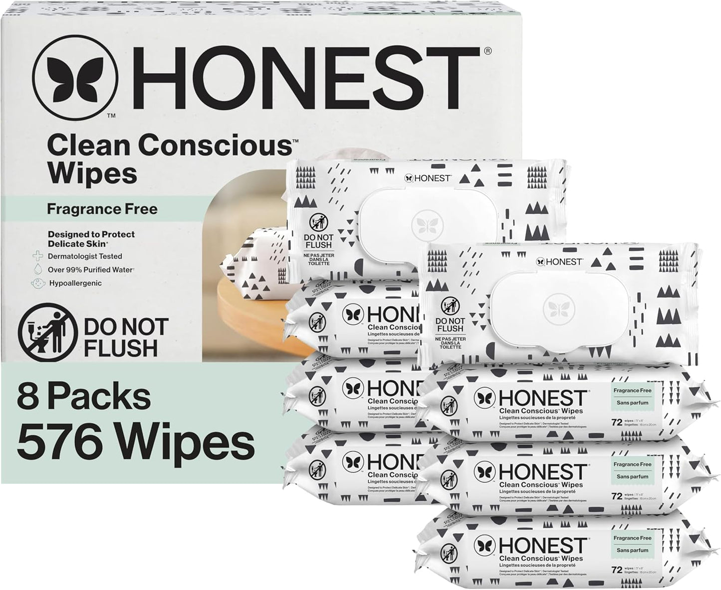 The Honest Company Clean Conscious Unscented Wipes | Over 99% Water, Compostable, Plant-Based, Baby Wipes | Hypoallergenic for Sensitive Skin, EWG Verified | Pattern Play, 576 Count