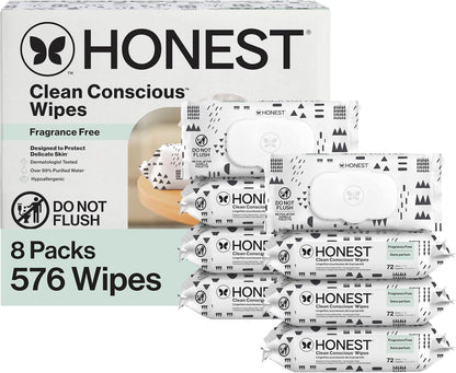 The Honest Company Clean Conscious Unscented Wipes | Over 99% Water, Compostable, Plant-Based, Baby Wipes | Hypoallergenic for Sensitive Skin, EWG Verified | Pattern Play, 576 Count