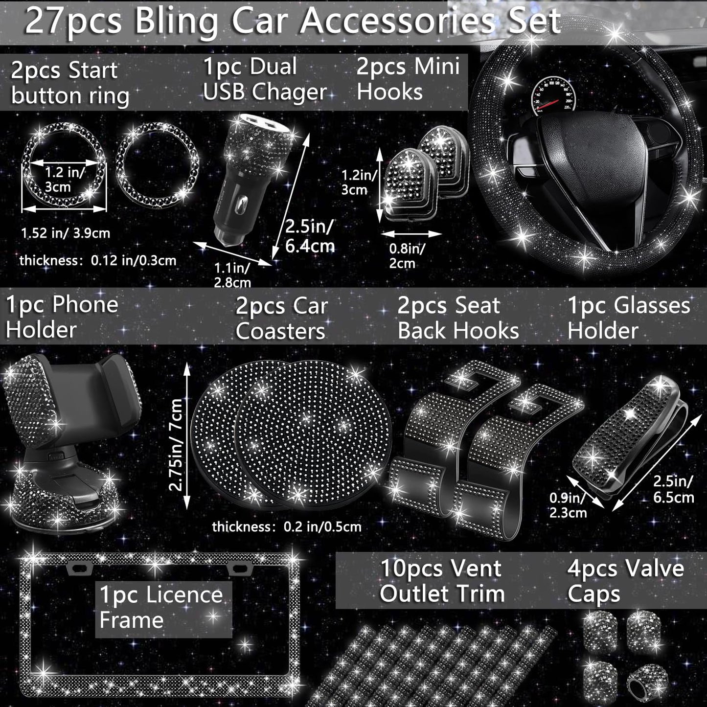 NBTEPEM 27-Piece Bling Car Accessories Set - Universal Fit Steering Wheel Covers, License Plate Frames, Phone Holder, Car Fast Charger, Coasters (Pink)