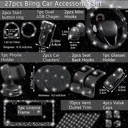 NBTEPEM 27-Piece Bling Car Accessories Set - Universal Fit Steering Wheel Covers, License Plate Frames, Phone Holder, Car Fast Charger, Coasters (Pink)