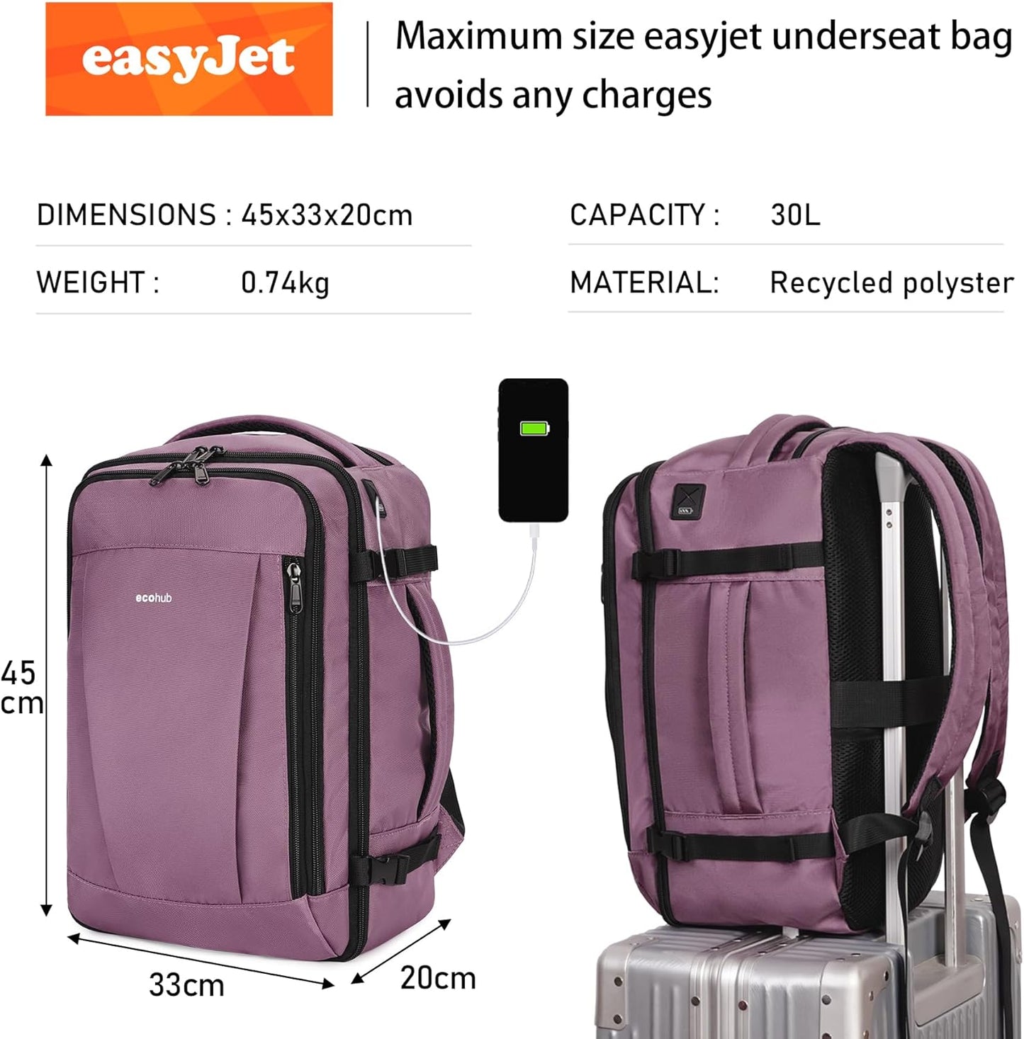 ECOHUB 16'' Reise-Rucksack Handgepäck Unterseat-Rucksack Persönlicher Gegenstand Flugzeug-Reisetasche mit 13 Taschen Handgepäck Flaschenhalter USB-Ladeanschluss Casual Daypack für Frauen Männer Schwarz