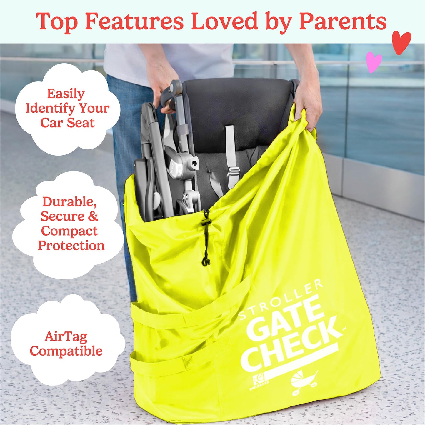 J.L. Childress Gate Check Bag for Single & Some Double Strollers - Travel Bag for Airplane, Fits Most Standard Baby Strollers, Airport Accessories Gate Check, Flying Essentials - Neon Blue