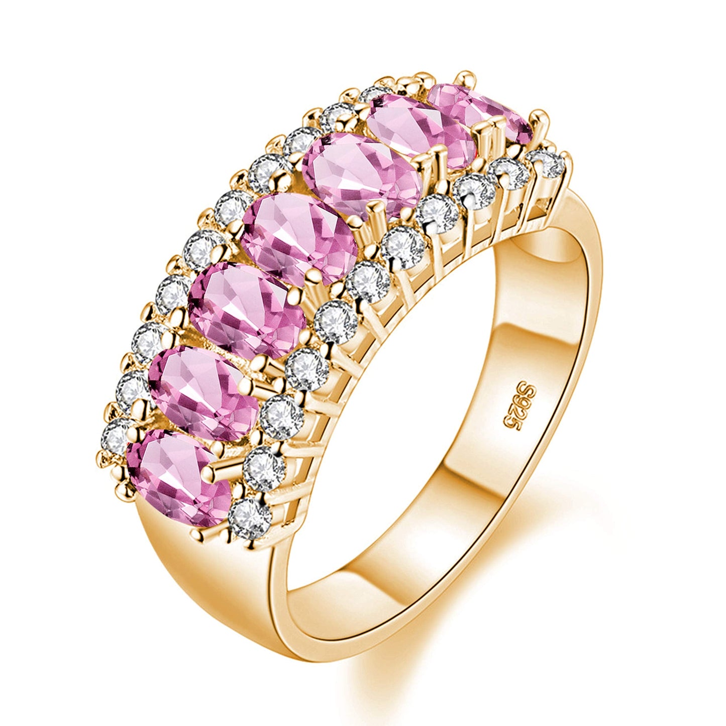 Uloveido Women's Gold Plated 7 Stones Eternity Band Ring Half Moon Design Wedding Bands with Oval CZ J501