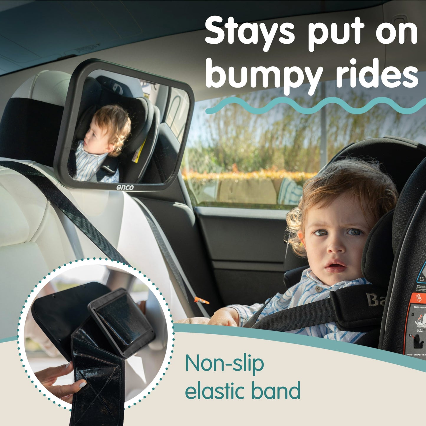 Onco Baby-Autospiegel für nach hinten gerichtete Kindersitze (2 Stück) – 100 % bruchsicher & rüttelfest, preisgekrönter konvexer Autospiegel für Babys mit 360°-Drehung, Neugeborenen-Essentials (24,4 x 17,5 cm)