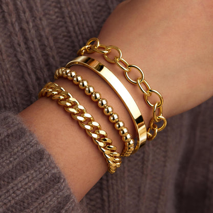 Goldarmbänder für Frauen Stapel Nicht Anlaufen, 14K Vergoldete Stapelbare Armbänder Set für Frauen Trendy, Wasserdicht Einfacher Schmuck Sets Geschenke Inklusive Perlen-/Kuban-/Büroklammer-/Fischgräten-/Seilglieder-Kette, Modeaccessoires