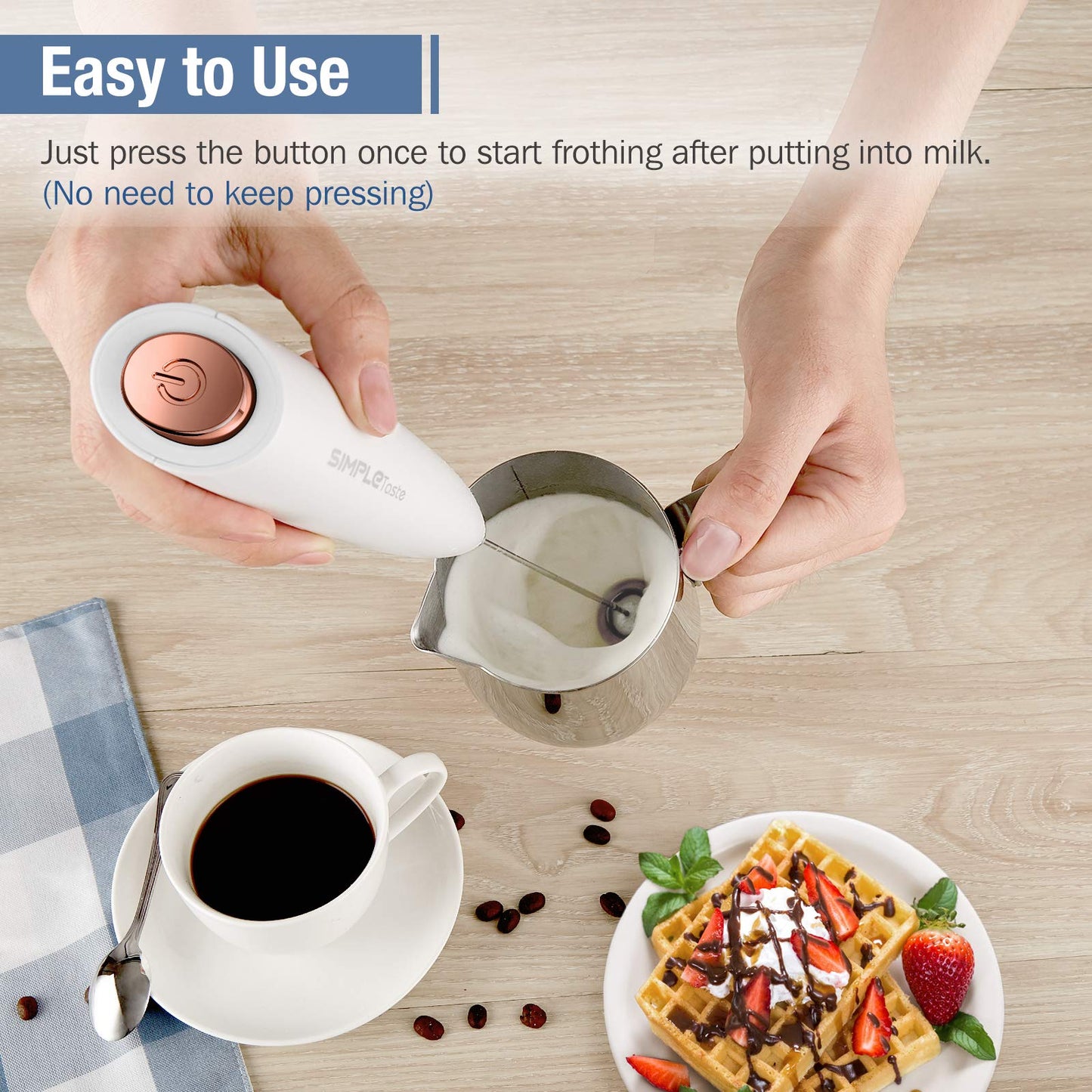 SIMPLETASTE Milchaufschäumer Handheld Elektrischer Quirl, Getränkemixer mit Edelstahl Schneebesen für Cappuccino, Bulletproof Coffee, Latte, mit Ständer, Schwarz, Batteriebetrieben