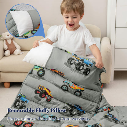 PHF Toddler Nap Mat with Removable Pillow and Minky Blanket, Rollup Design Kids Sleeping Mat, Slumber Bags for Boys, 55"x23" Toddler Sleeping Bag for Daycare Preschool Travel Camping, Space