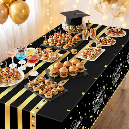 Childom 3 Pack Graduation Tablecloth,Graduation Decorations Class of 2026 Graduation Party Decorations,54"x108" Black and Gold Plastic Table Cloth Disposable Rectangle for Home,School,Party Supplies