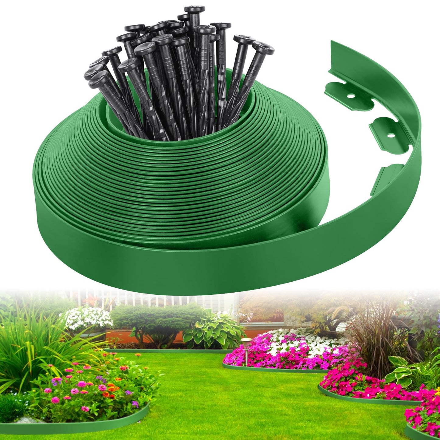 2-Inch x 66 FT Landscape Edging Border with 100 Spikes, No Dig Garden Border Edging Kit, Plastic Edging Border Flexible for Garden Flower Beds Lawn Yard Paver Pathway (Black)