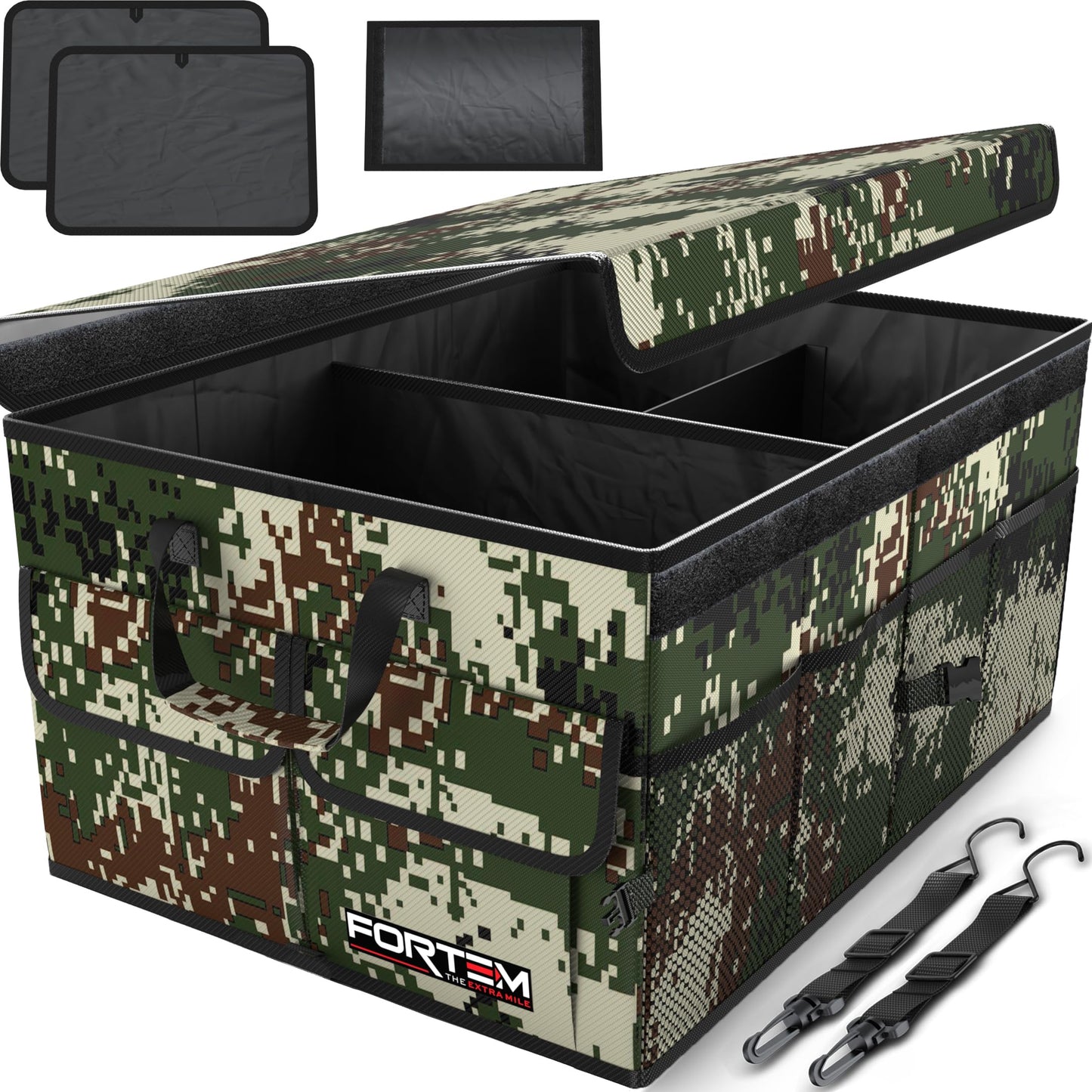 FORTEM Car Trunk Organizer, Collapsible Multi Compartment Car Organizer, Foldable SUV Storage for Car Accessories for Women Men, Non Slip Bottom, Securing Straps, Soft Cover 50L (Black, Standard)