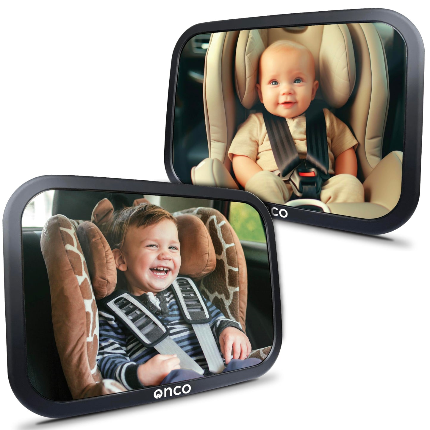 Onco Baby-Autospiegel für nach hinten gerichtete Kindersitze (2 Stück) – 100 % bruchsicher & rüttelfest, preisgekrönter konvexer Autospiegel für Babys mit 360°-Drehung, Neugeborenen-Essentials (24,4 x 17,5 cm)