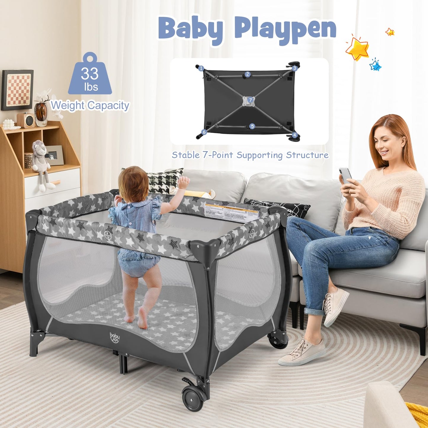 BABY JOY 4 in 1 Pack and Play with Canopy, Portable Baby Playard with Bassinet, Double-Layer Baby Crib, Wheels & Brake, Foldable Baby Girl Pink Bassinet from Newborn to Toddler