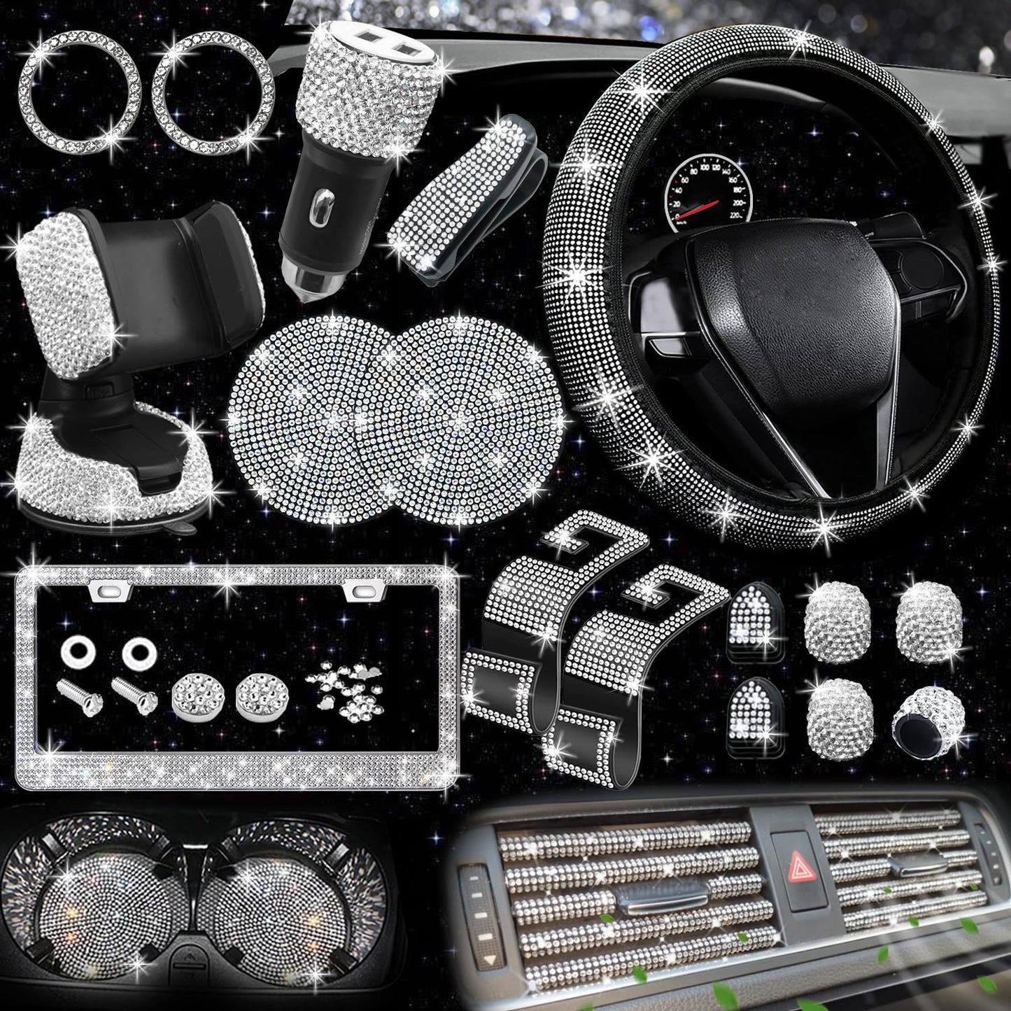 NBTEPEM 27-Piece Bling Car Accessories Set - Universal Fit Steering Wheel Covers, License Plate Frames, Phone Holder, Car Fast Charger, Coasters (Pink)