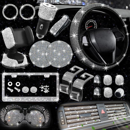 NBTEPEM 27-Piece Bling Car Accessories Set - Universal Fit Steering Wheel Covers, License Plate Frames, Phone Holder, Car Fast Charger, Coasters (Pink)
