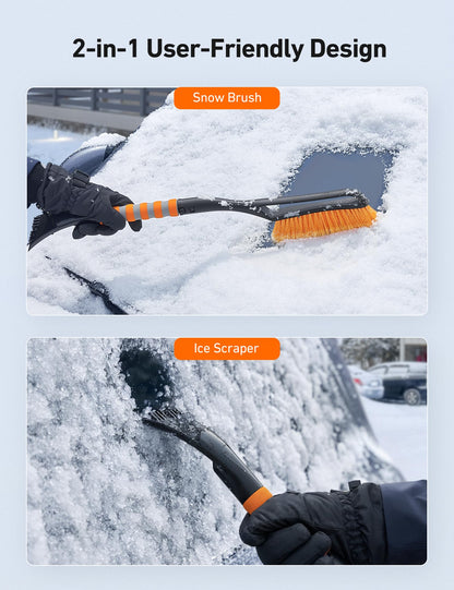 AstroAI 27" Snow Brush and Detachable Ice Scraper with Ergonomic Foam Grip for Cars, Trucks, SUVs (Heavy Duty ABS, PVC Brush, Orange)