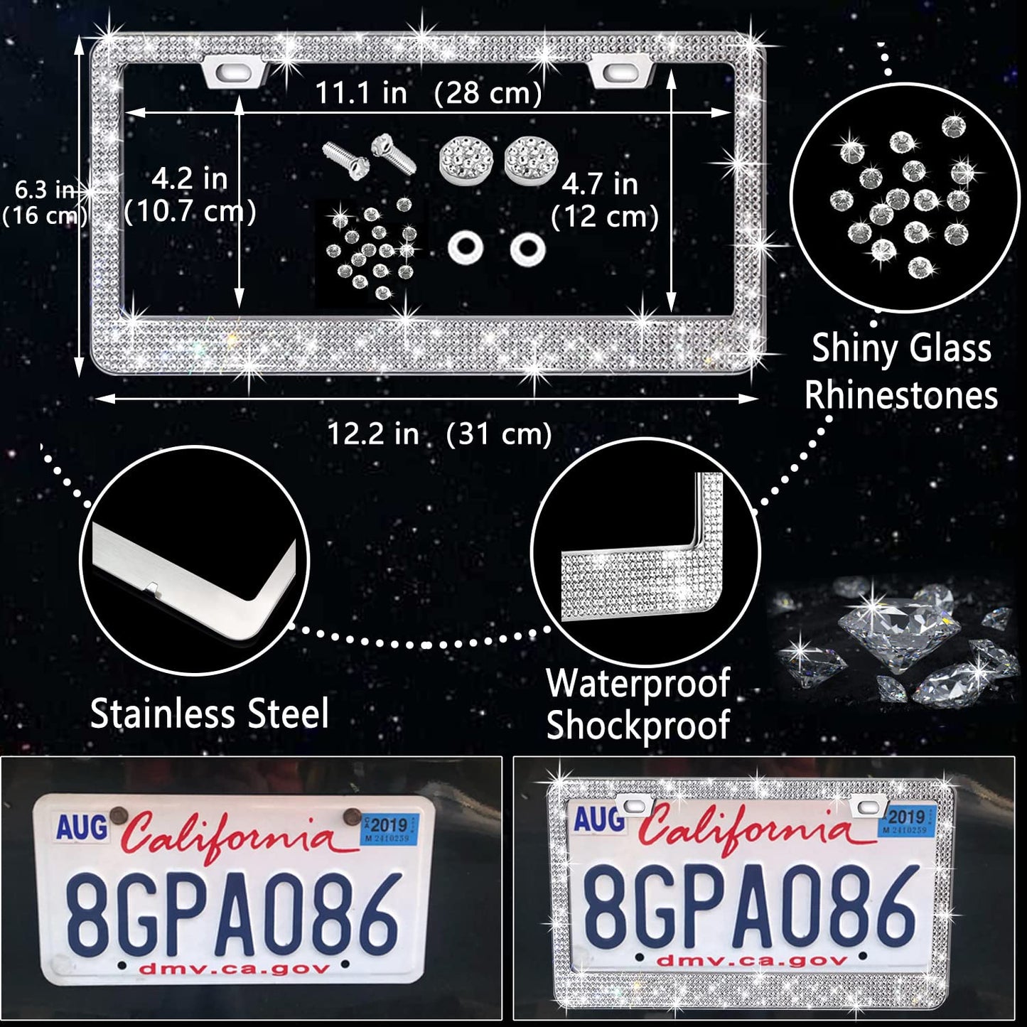 NBTEPEM 27-Piece Bling Car Accessories Set - Universal Fit Steering Wheel Covers, License Plate Frames, Phone Holder, Car Fast Charger, Coasters (Pink)