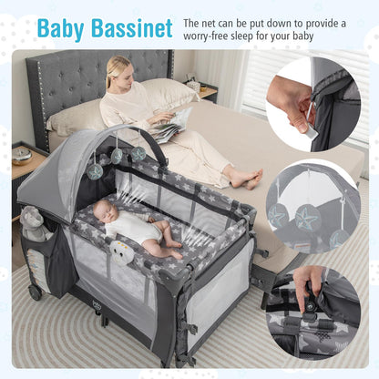 BABY JOY 4 in 1 Pack and Play with Canopy, Portable Baby Playard with Bassinet, Double-Layer Baby Crib, Wheels & Brake, Foldable Baby Girl Pink Bassinet from Newborn to Toddler