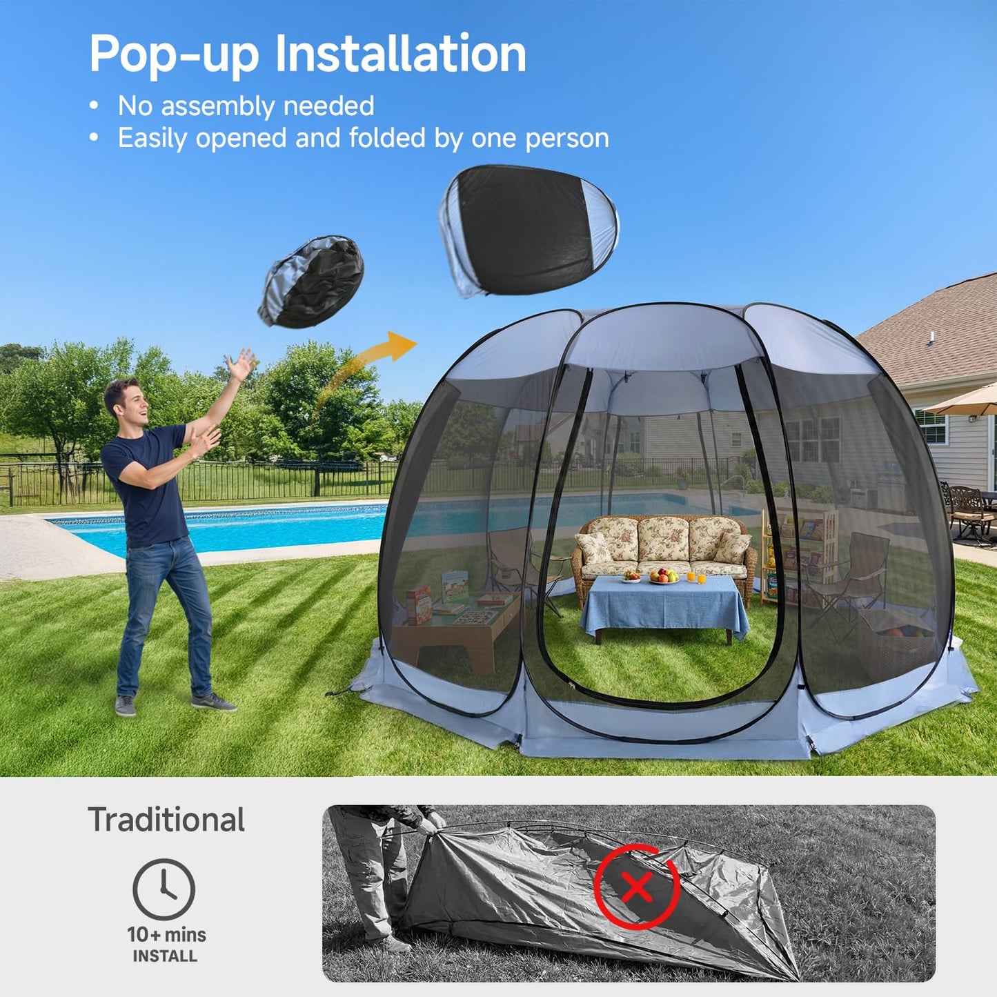 Alvantor Pop Up Screen House Tent, Instant Outdoor Gazebo with Mosquito Netting & UPF 50+ Sun Protection, Portable Canopy Shelter for Patio, Backyard, Camping (2-10 Person)