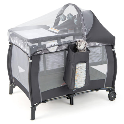 BABY JOY 4 in 1 Pack and Play with Canopy, Portable Baby Playard with Bassinet, Double-Layer Baby Crib, Wheels & Brake, Foldable Baby Girl Pink Bassinet from Newborn to Toddler