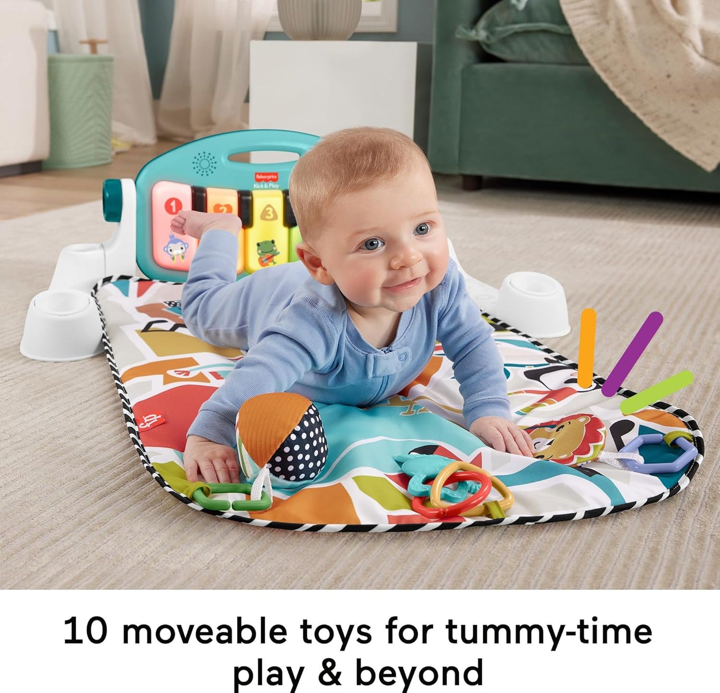 Fisher-Price Baby-Spielmatte „Glow and Grow Kick & Play Piano Gym“, blaues musikalisches Lernspielzeug mit Entwicklungsaktivitäten für Neugeborene ab 0 Monaten