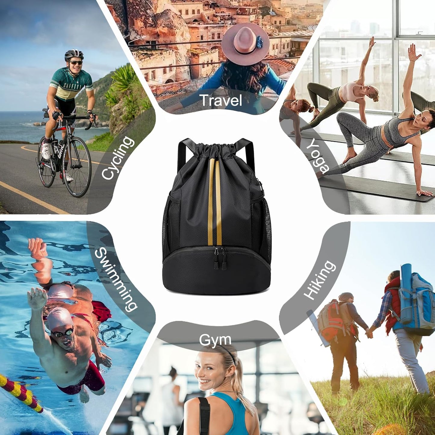 Hoedia Sports-Kordelzugrucksack – Schwimm-Turnbeutel mit Schuhfach und wasserdichter Tasche für Damen und Herren